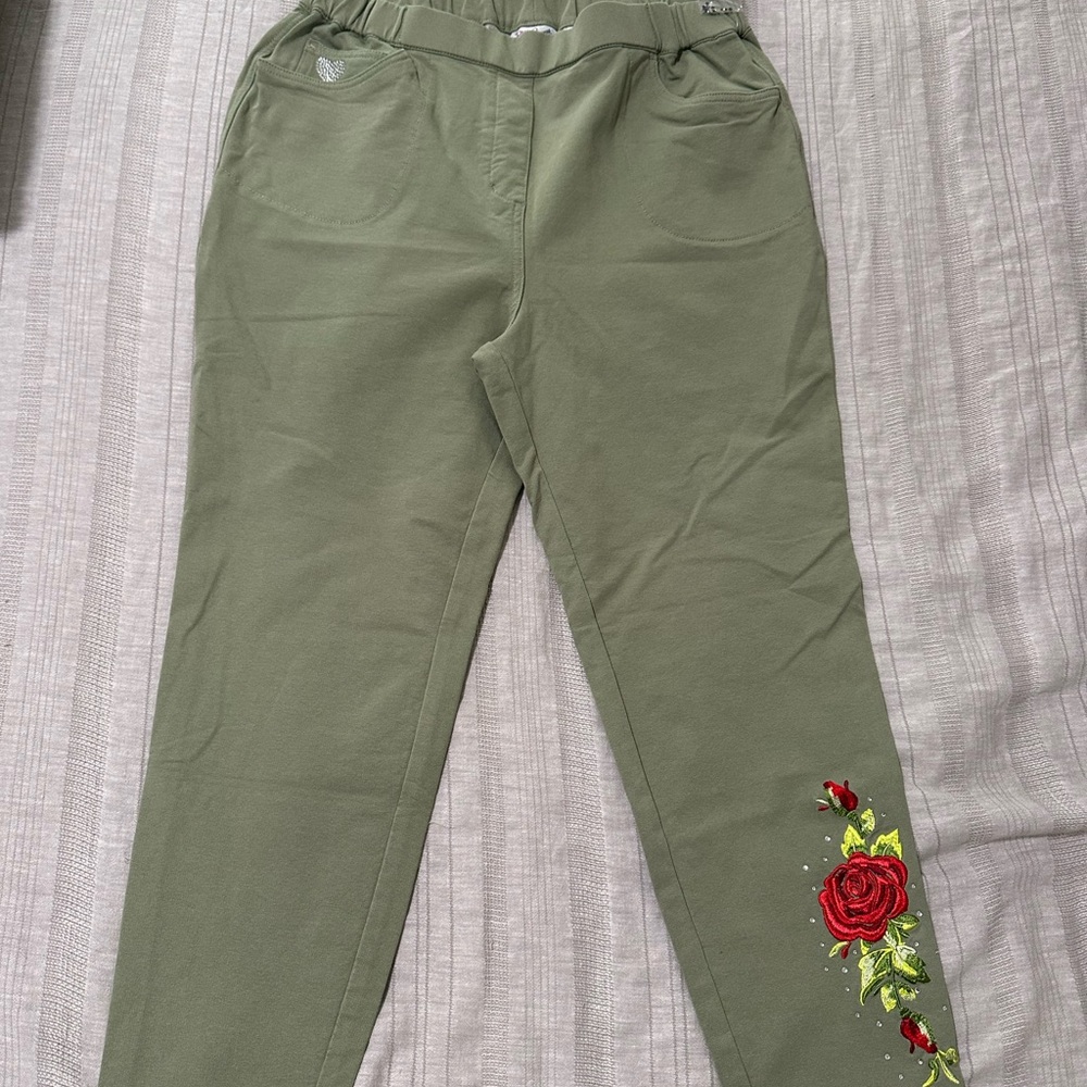 Green Pants with Red Rose Embroidery